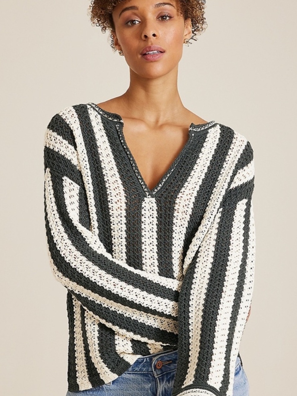 Maurices Women’s Green & Cream Striped Crochet V-Neck Pullover